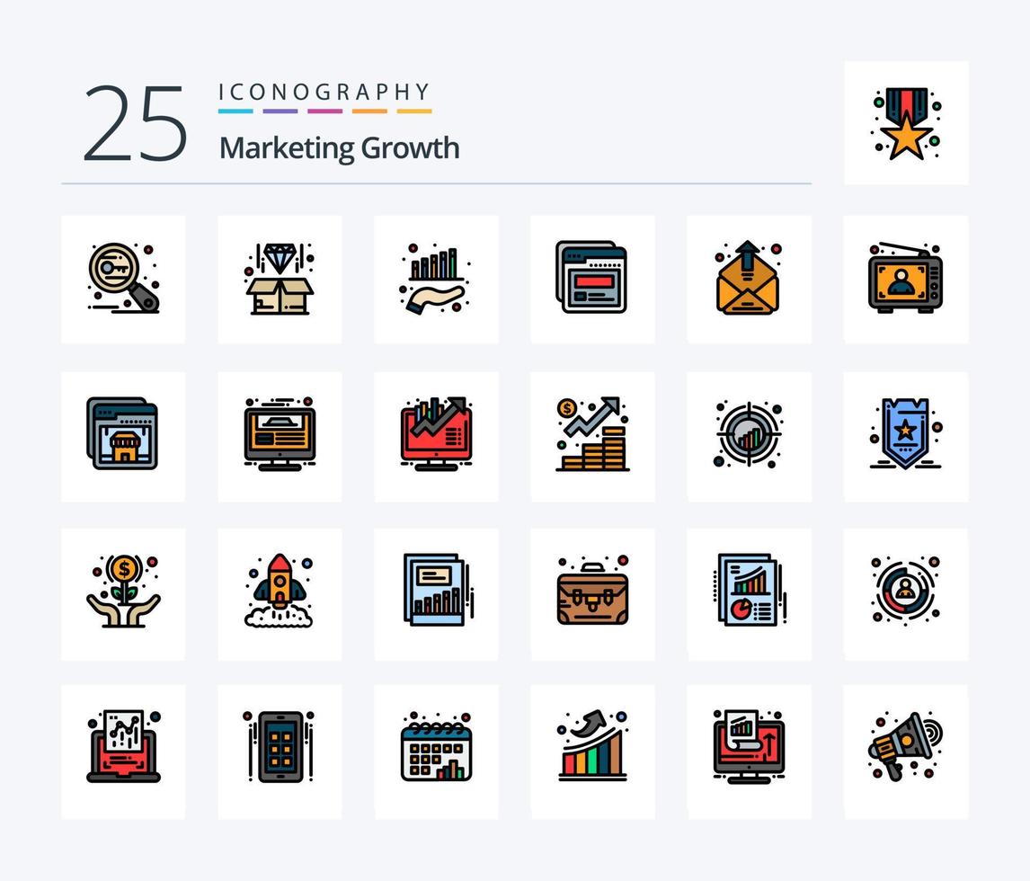 paquete de iconos rellenos de 25 líneas de crecimiento de marketing que incluye contacto. web. producto. plantilla. marketing vector