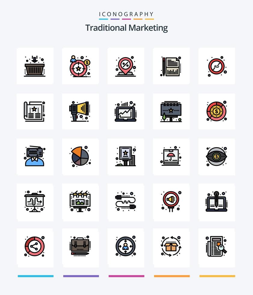 Creative Traditional Marketing 25 Line FIlled icon pack  Such As ad block. sheet. discount. report. balance vector