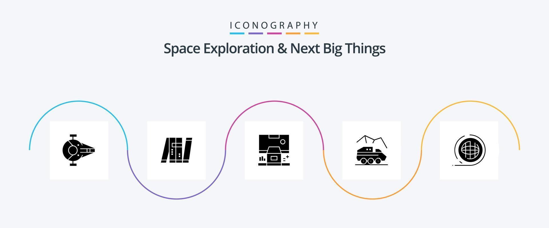 exploración espacial y próximas grandes cosas glifo 5 paquete de iconos que incluye rover. exploración. inteligente. habitación. control vector