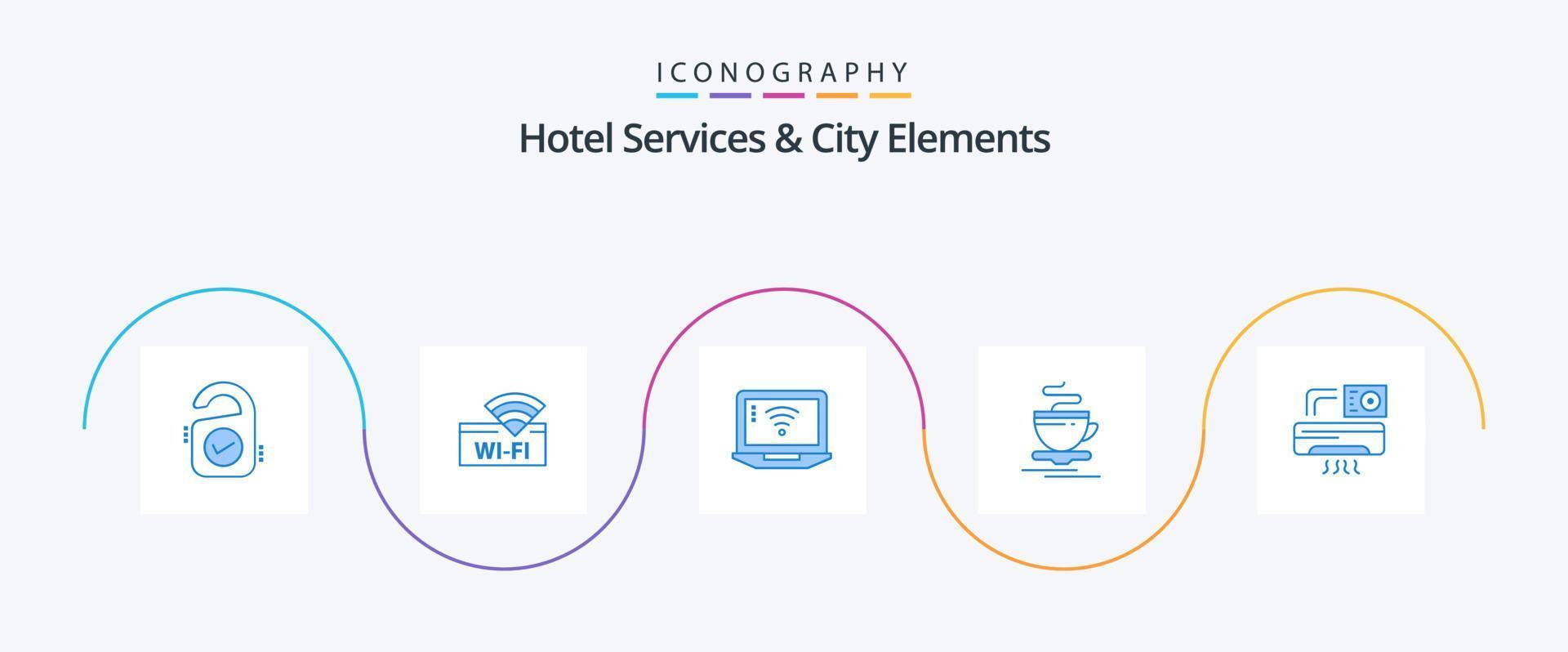 Hotel Services And City Elements Blue 5 Icon Pack Including aircondition. hotel. laptop. hot. tea vector