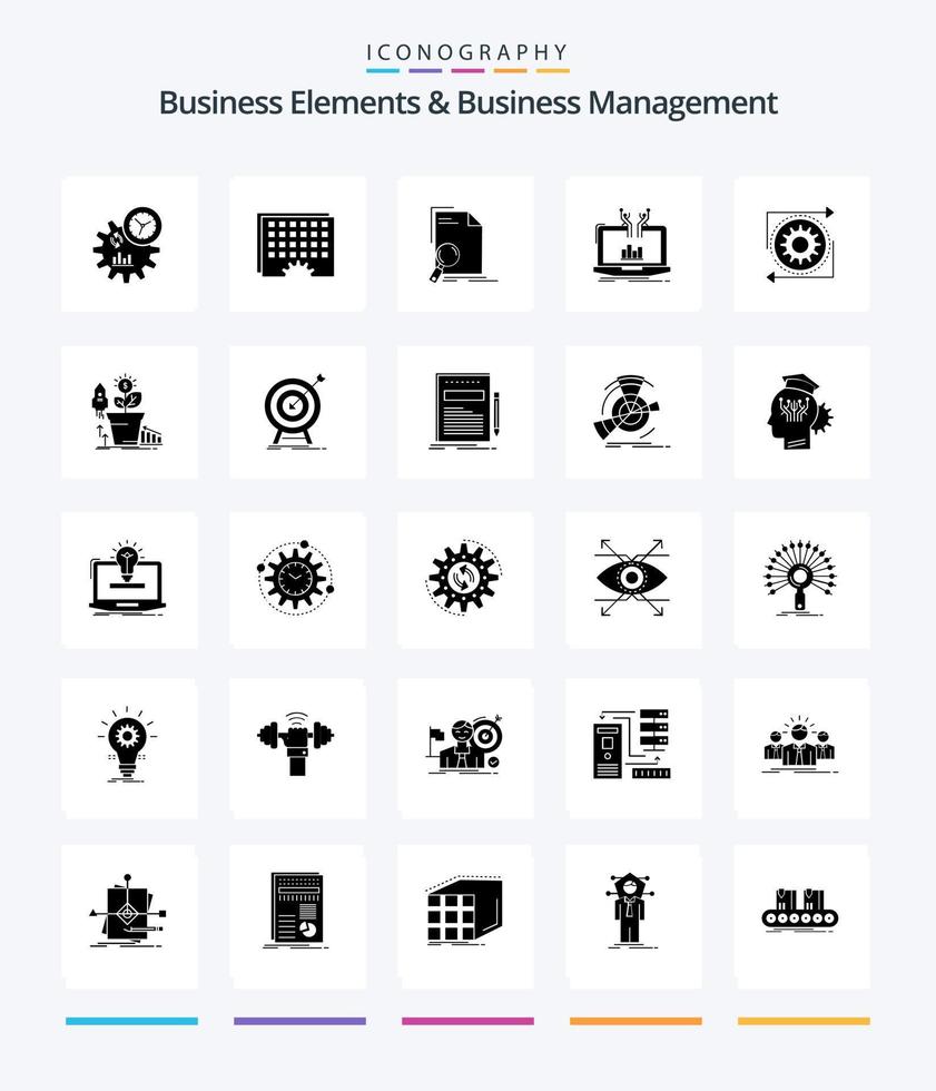 Creative Business Elements And Business Managment 25 Glyph Solid Black icon pack  Such As online. analytical. timing. analysis. find vector