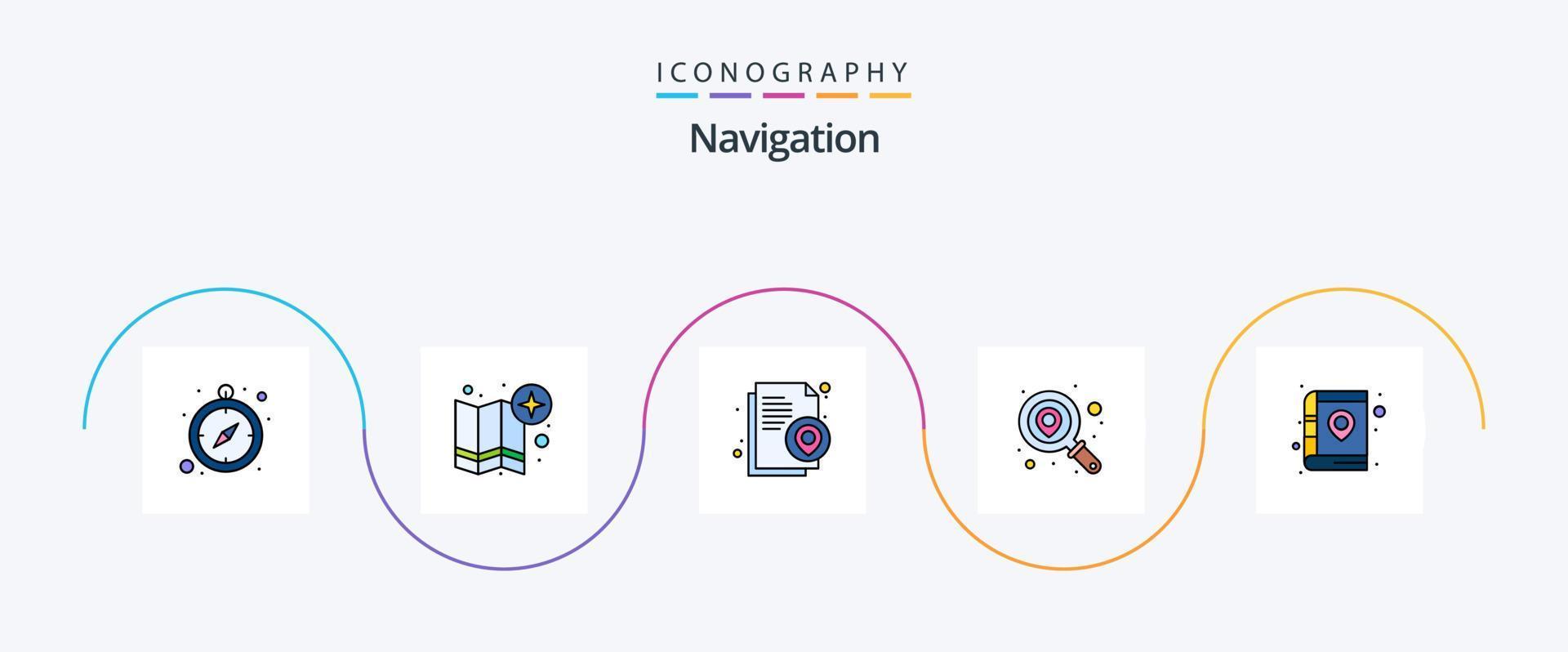 paquete de iconos de 5 planos llenos de línea de navegación que incluye pin. biblioteca. documento. libro. ubicación vector