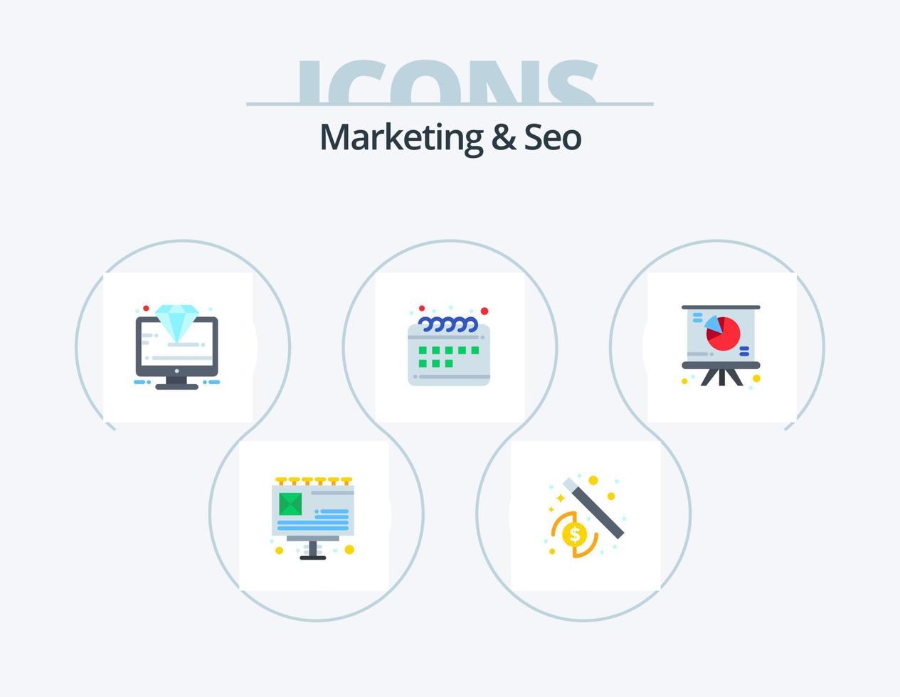 marketing y seo flat icon pack 5 diseño de iconos. tarta. cuadro. monitor. calendario. posicionamiento web vector