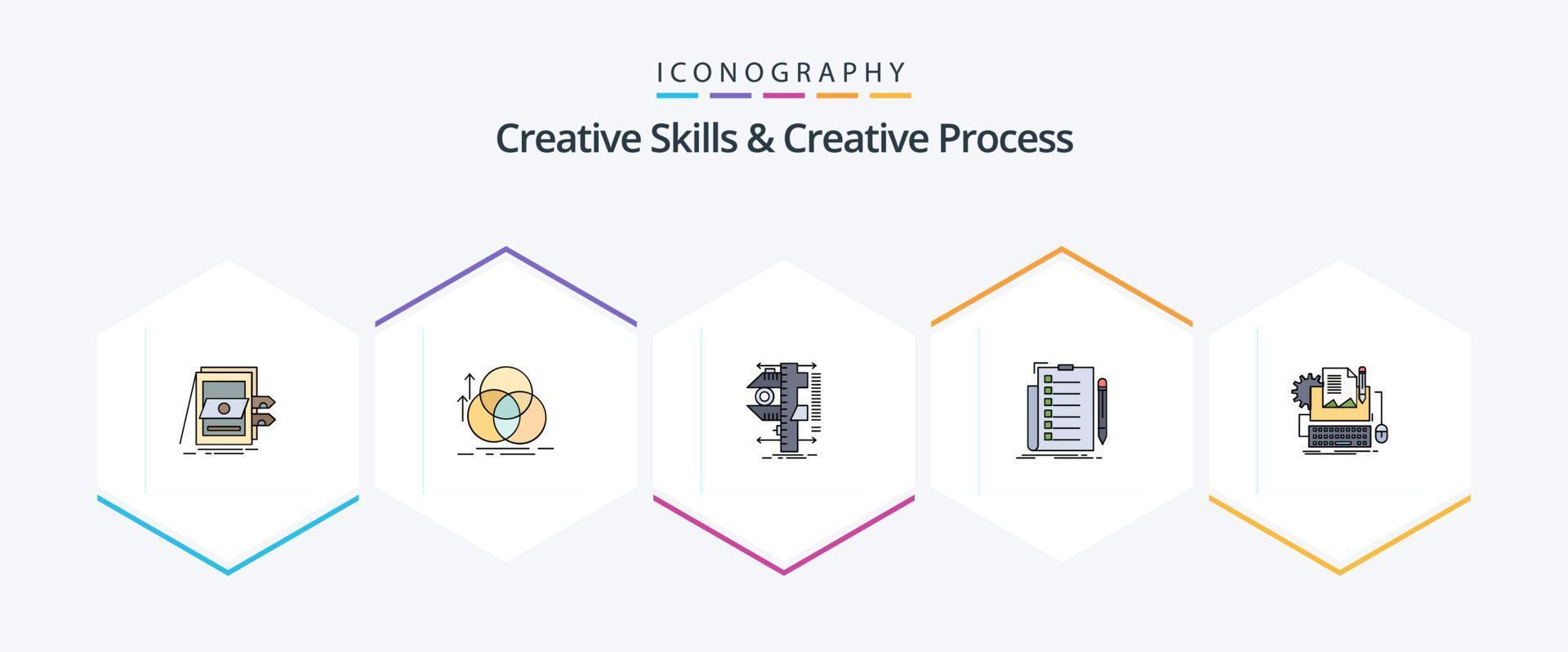 Creative Skills And Creative Process 25 FilledLine icon pack including check. expertise. measurement. measurement. calipers vector