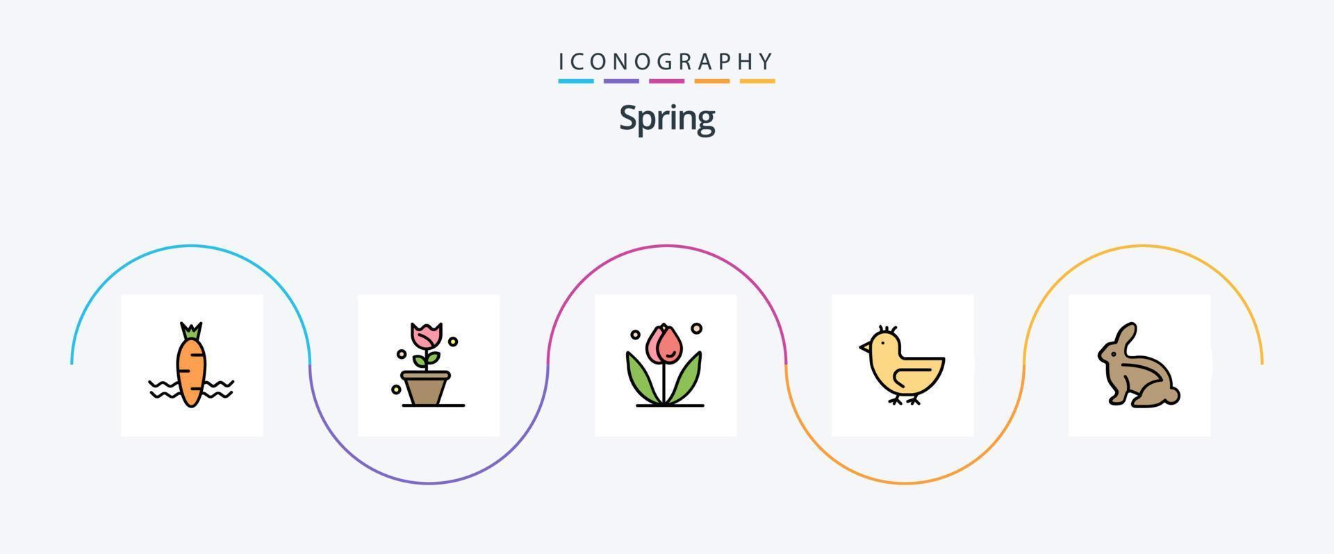 Paquete de 5 iconos planos llenos de línea de primavera que incluye. conejo. pato. conejo de Pascua. conejito vector