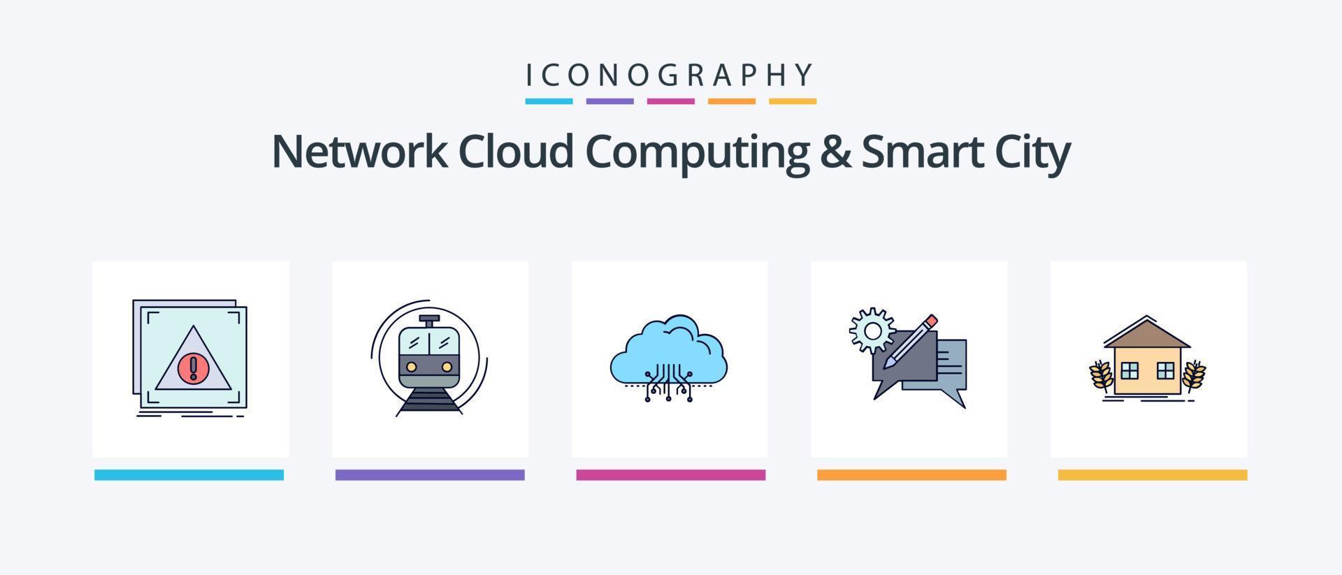 Network Cloud Computing And Smart City Line Filled 5 Icon Pack Including storage. message. internet. setting. communication. Creative Icons Design vector