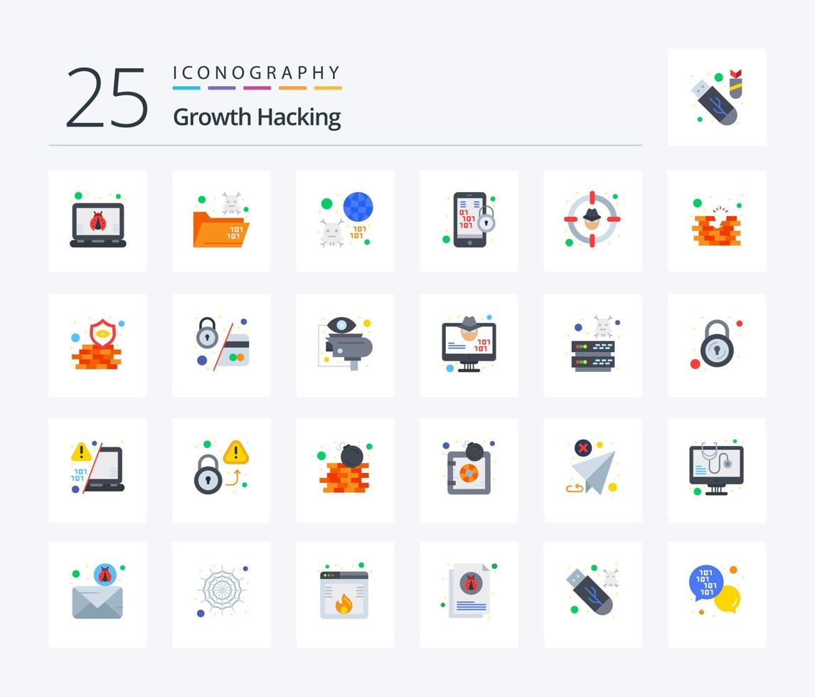 pirateando un paquete de iconos de 25 colores planos que incluye el objetivo. móvil. tierra. cerrar con llave. código binario vector