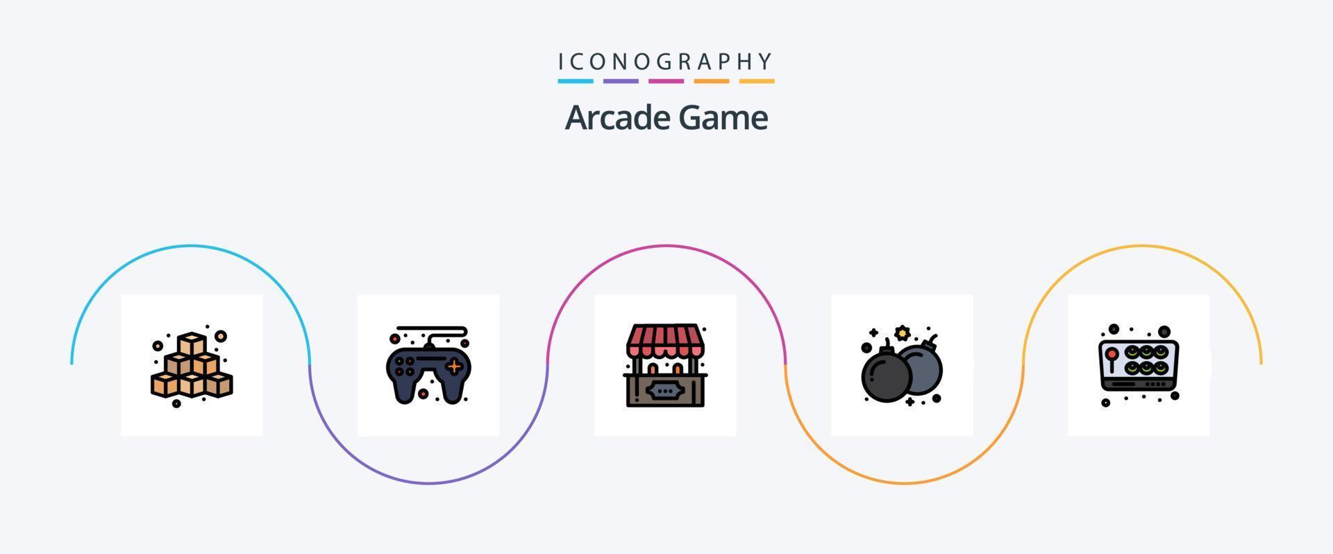 Arcade Line Filled Flat 5 Icon Pack Including game. play. ticket office. game. bomb vector