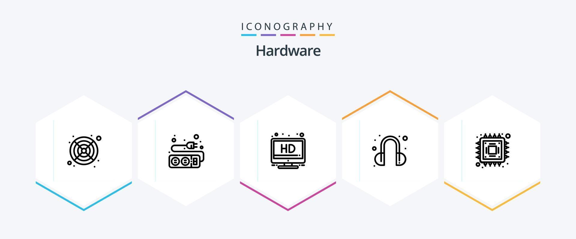 paquete de iconos de 25 líneas de hardware que incluye . pastilla. pantalla. hardware. apoyo vector