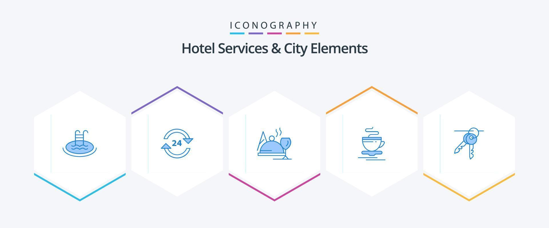 Hotel Services And City Elements 25 Blue icon pack including hotel. cup. service. tea. food vector