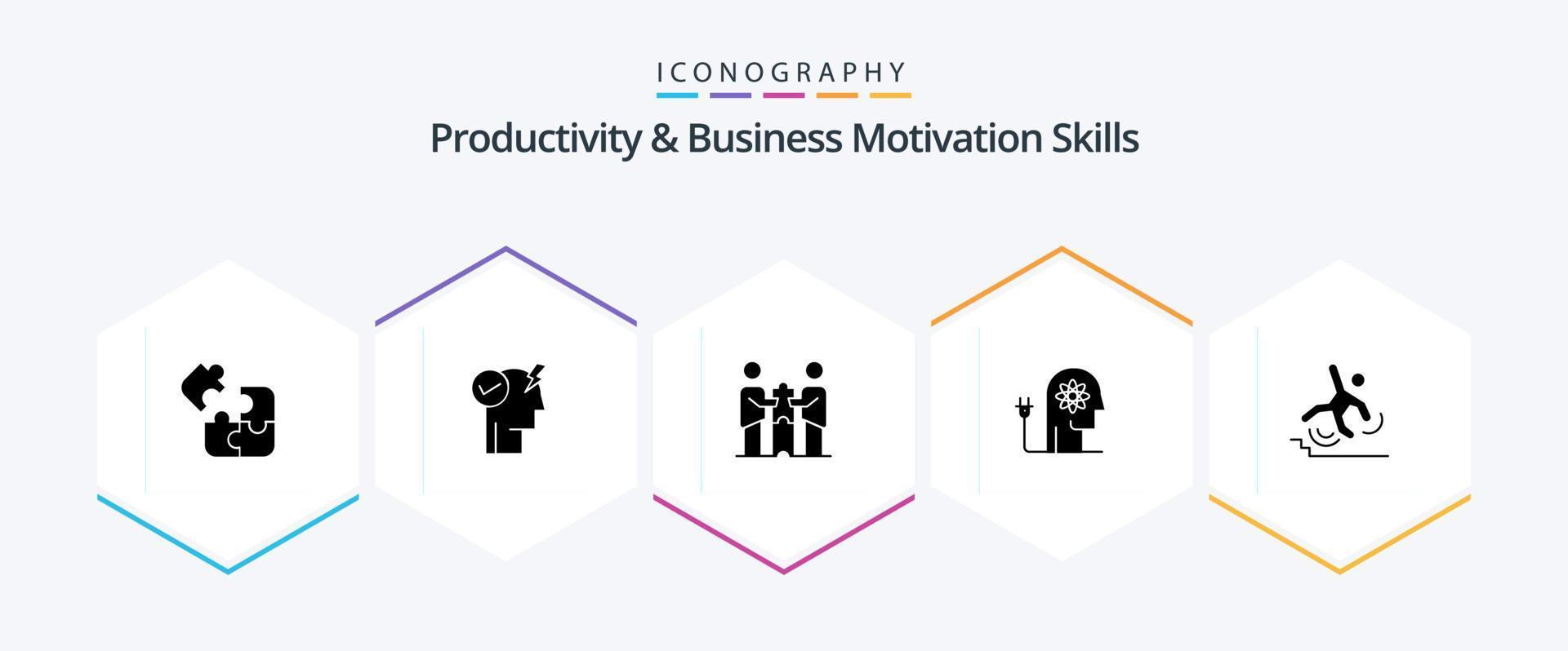 Productivity And Business Motivation Skills 25 Glyph icon pack including knowledge. ability. power mode activate. boosting. partners vector