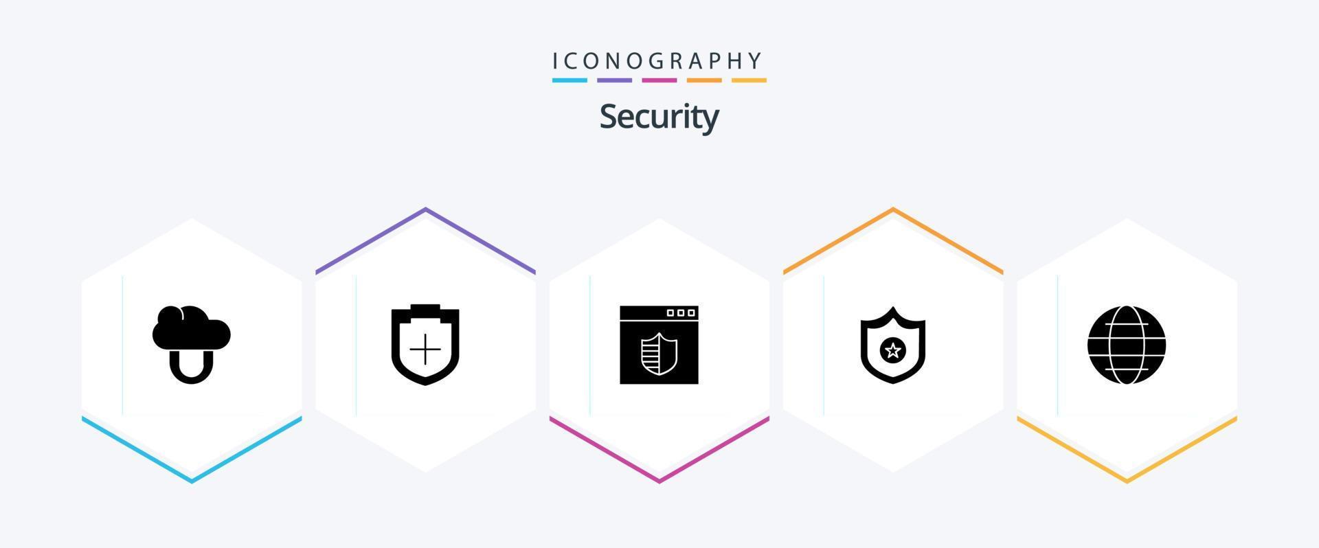 Security 25 Glyph icon pack including world. internet. secure. globe. sheriff vector