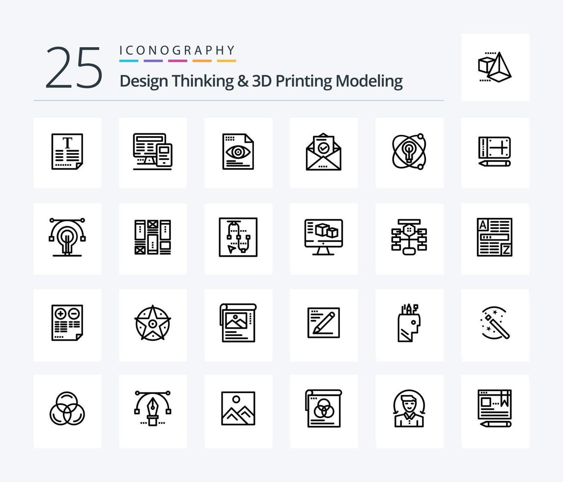 Design Thinking And D Printing Modeling 25 Line icon pack including education. education. file . envelope. mail vector