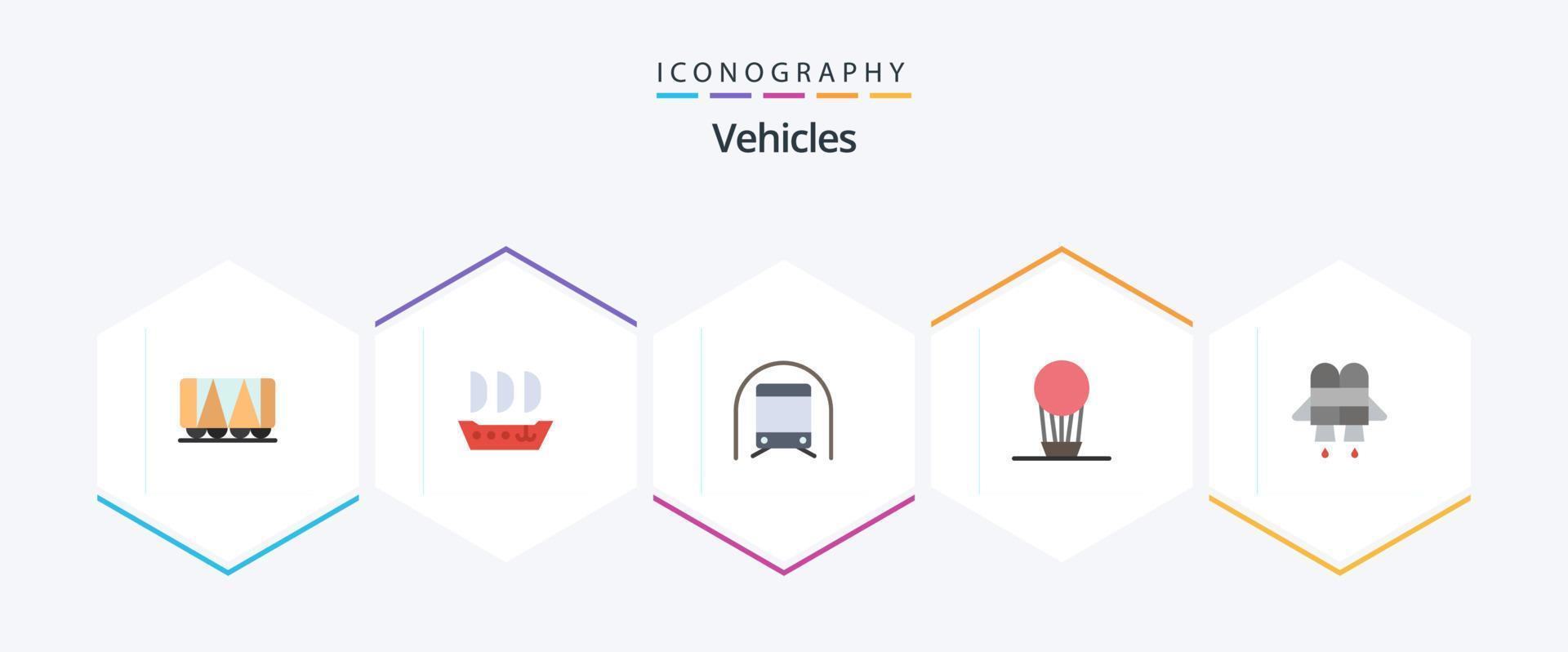 Paquete de 25 iconos planos de vehículos que incluye . mochila propulsora transporte. chorro. globo vector