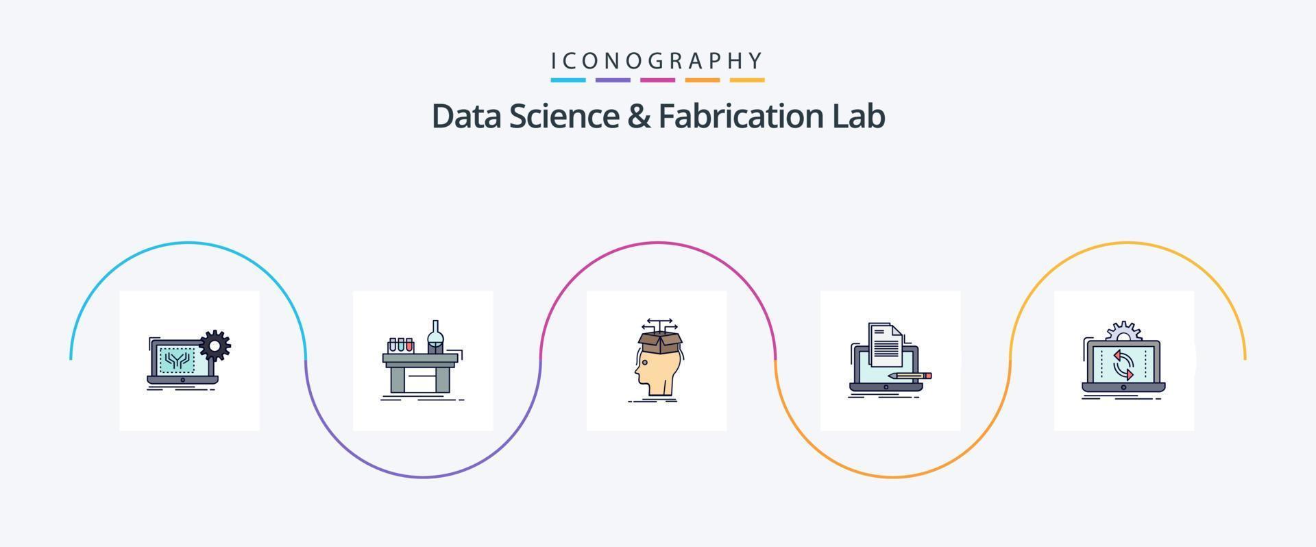 Data Science And Fabrication Lab Line Filled Flat 5 Icon Pack Including computer. coder. laboratory. sharing. head vector
