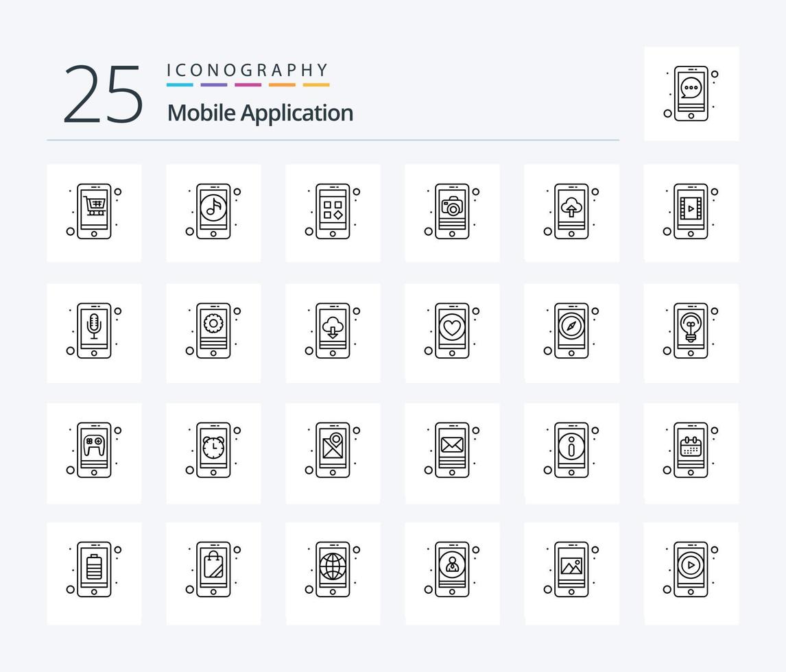 Mobile Application 25 Line icon pack including app upload. app. app. mobile. application vector