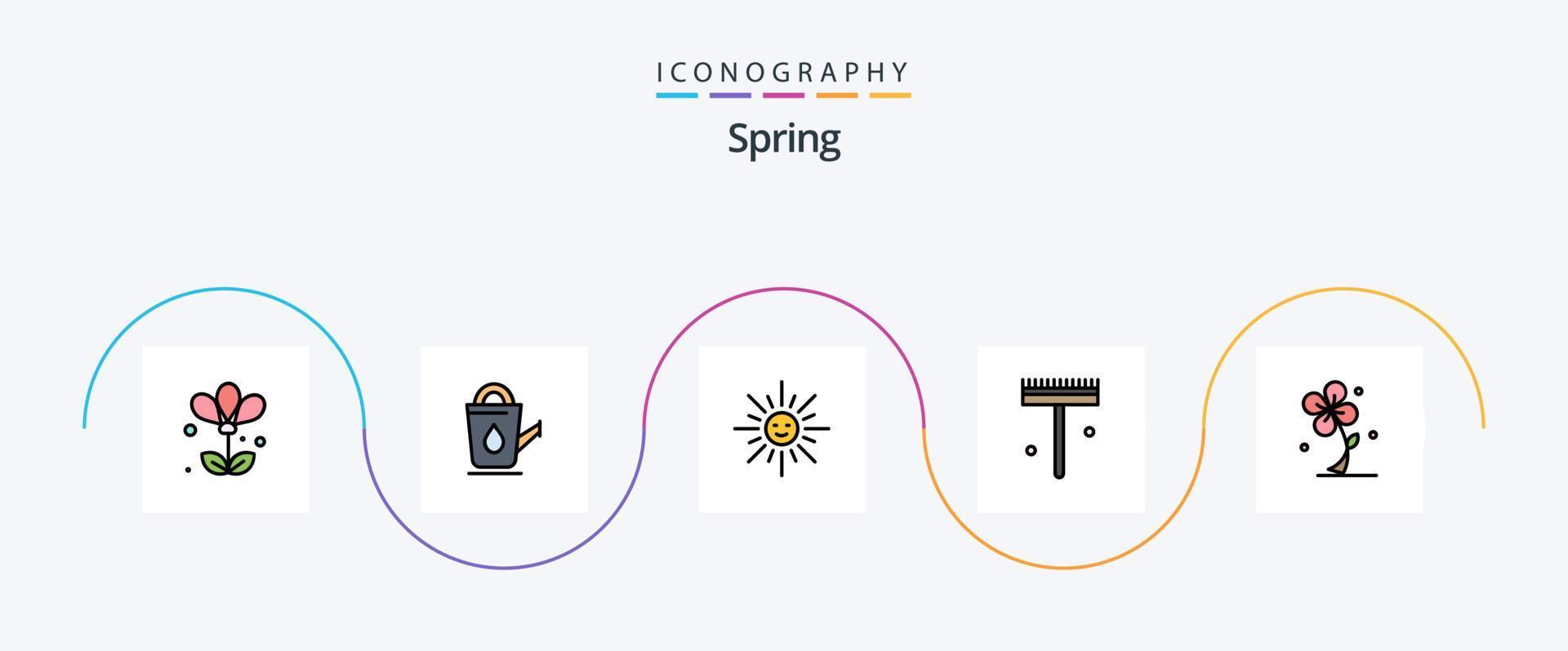 paquete de iconos de 5 planos llenos de línea de resorte que incluye floral. pala. brillo. rastrillo. jardín vector