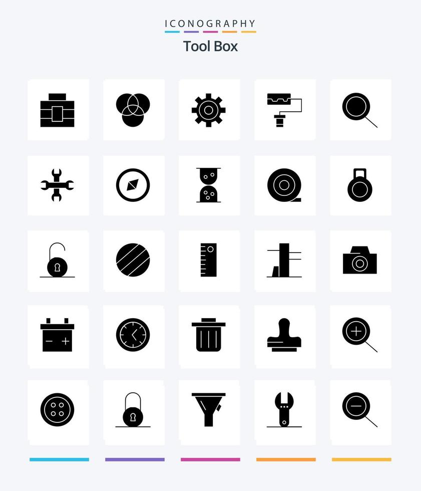 Creative Tools 25 Glyph Solid Black icon pack  Such As dumbbell. sand clock. zoom. symbol. compass vector