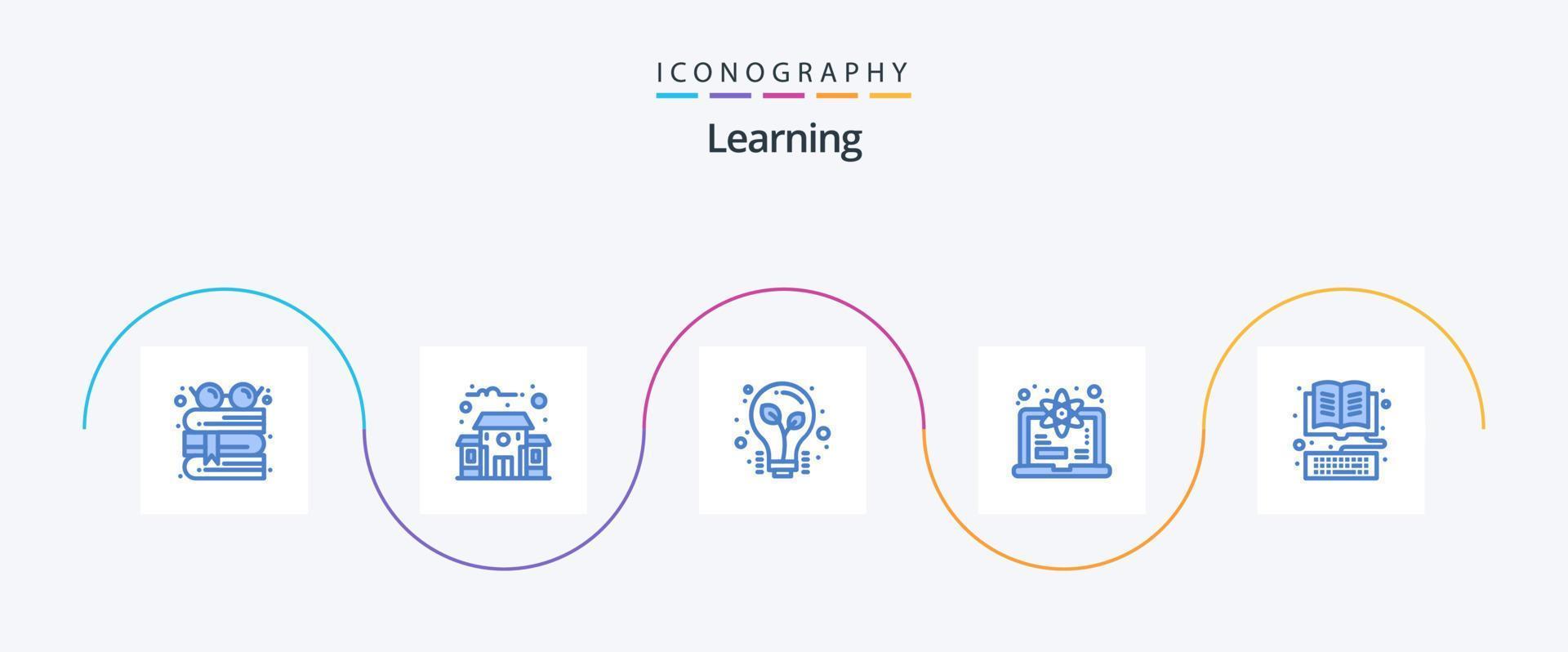 aprendiendo el paquete de iconos azul 5 que incluye el teclado. libro. luz. ciencia. grado vector