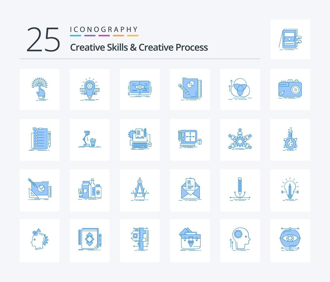 Creative Skills And Creative Process 25 Blue Color icon pack including sketching. growth. pencil. view. book vector