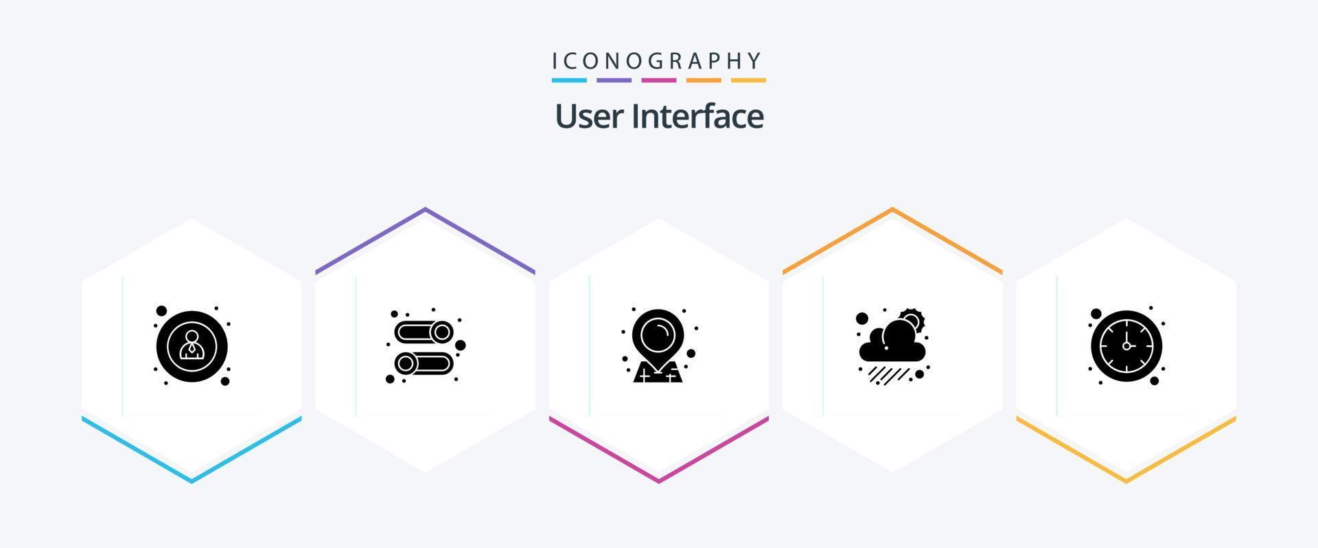 paquete de iconos de 25 glifos de interfaz de usuario que incluye . tiempo. mapa. reloj. sol vector