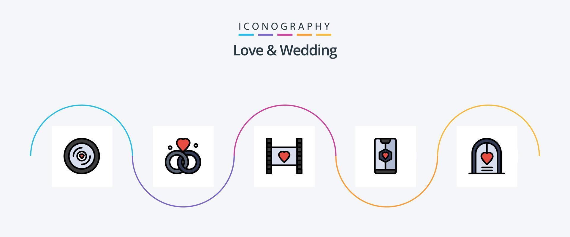 Love And Wedding Line Filled Flat 5 Icon Pack Including heart. app. wedding. wedding. honeymoon vector