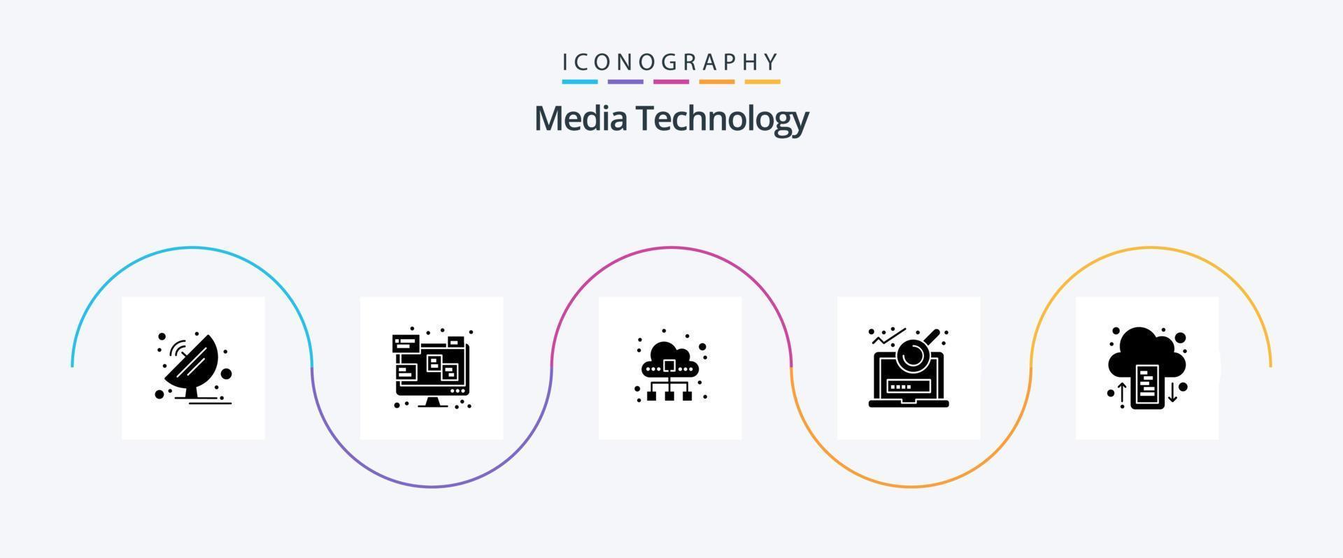 Media Technology Glyph 5 Icon Pack Including login. file. monitor. analysis. data traffic vector