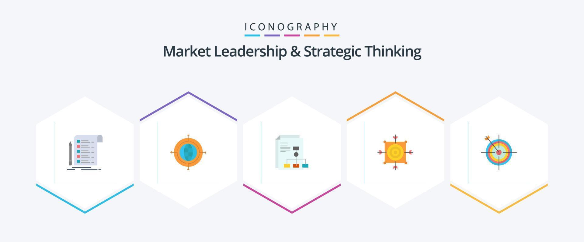 Liderazgo de mercado y pensamiento estratégico Paquete de 25 iconos planos que incluye objetivo. dardo. conectado. junta. informe vector