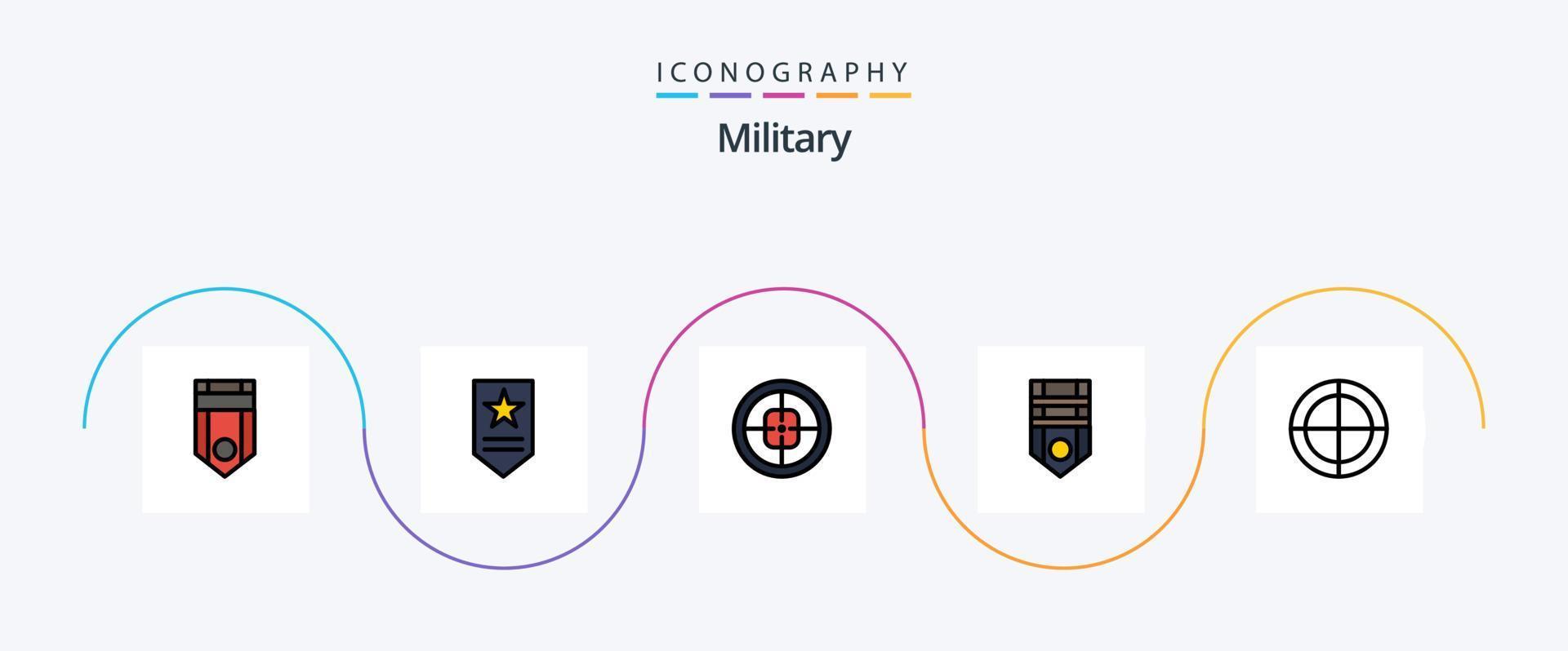Military Line Filled Flat 5 Icon Pack Including bulls eye. rank. army. military. target vector