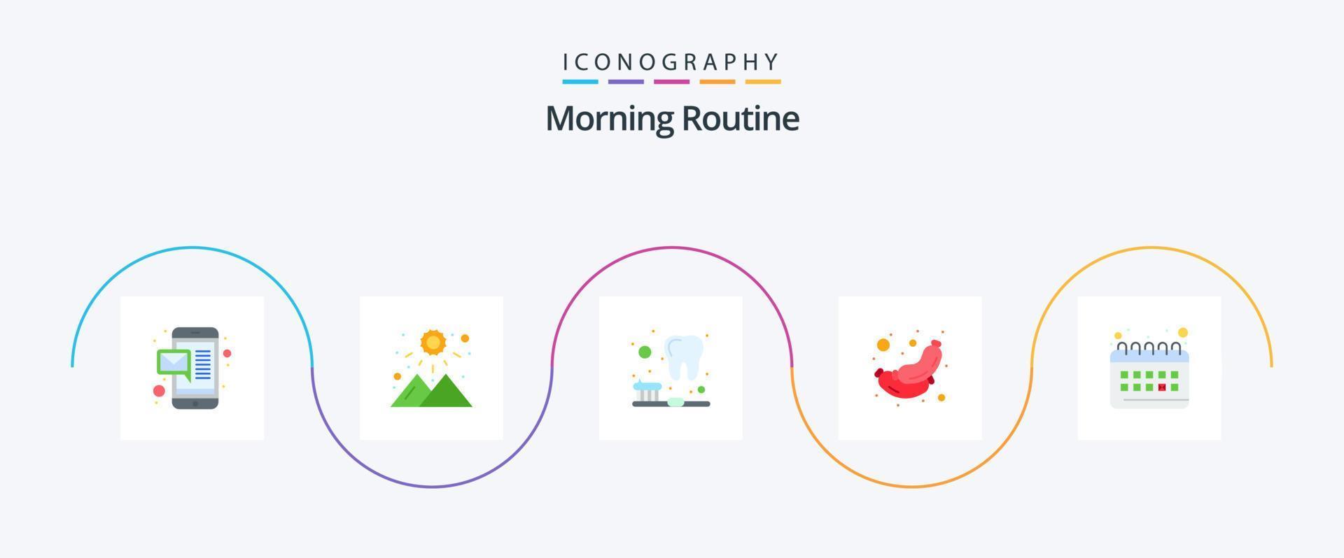 Morning Routine Flat 5 Icon Pack Including routine. clock. cleaning. calendar. sausage vector