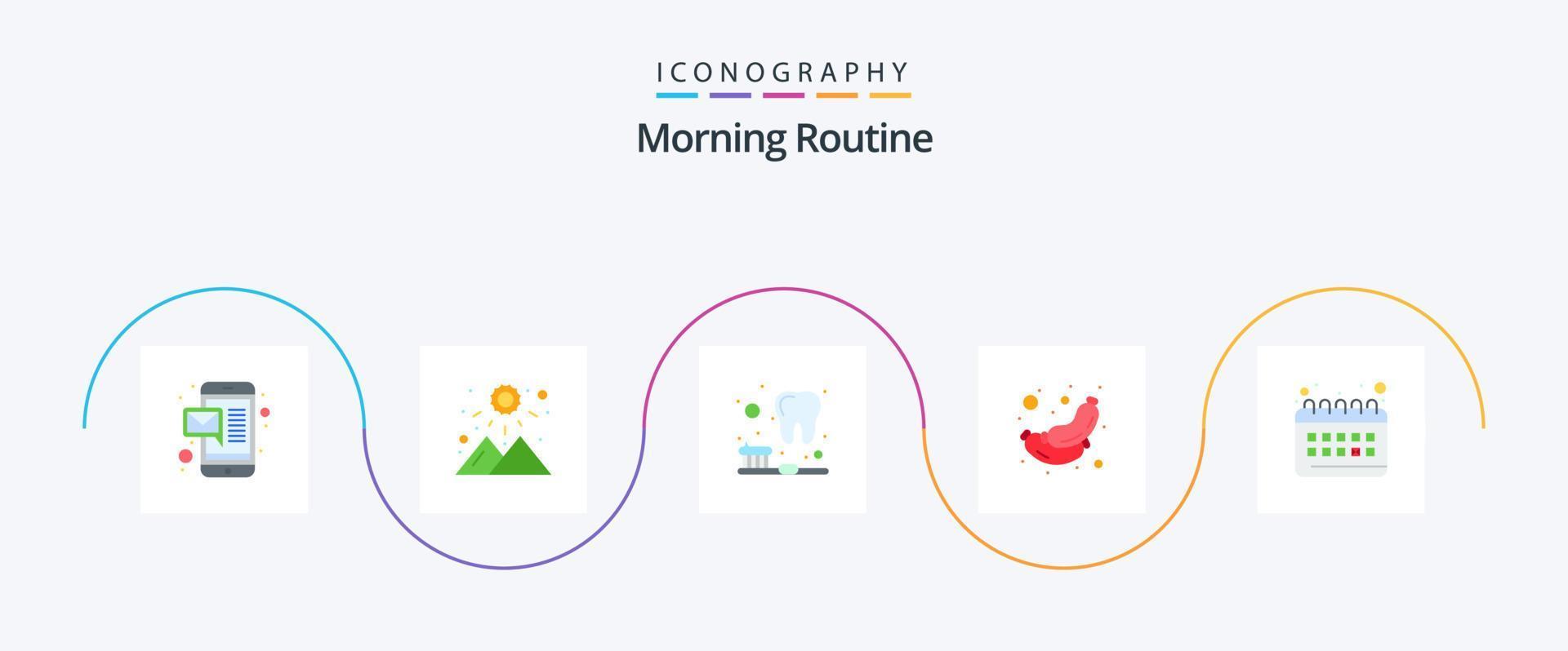 paquete de iconos plano 5 de rutina matutina que incluye rutina. reloj. limpieza. calendario. embutido vector
