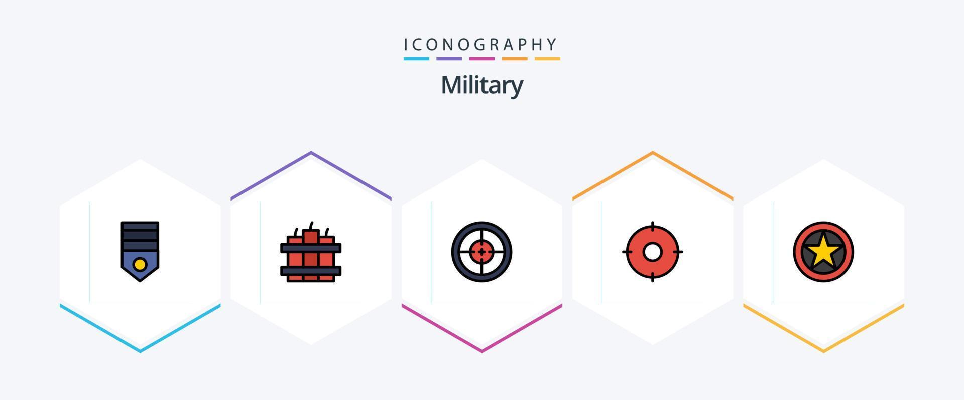 paquete de íconos militares de 25 líneas completas que incluye insignia. posición. ejército. militar. objetivo vector