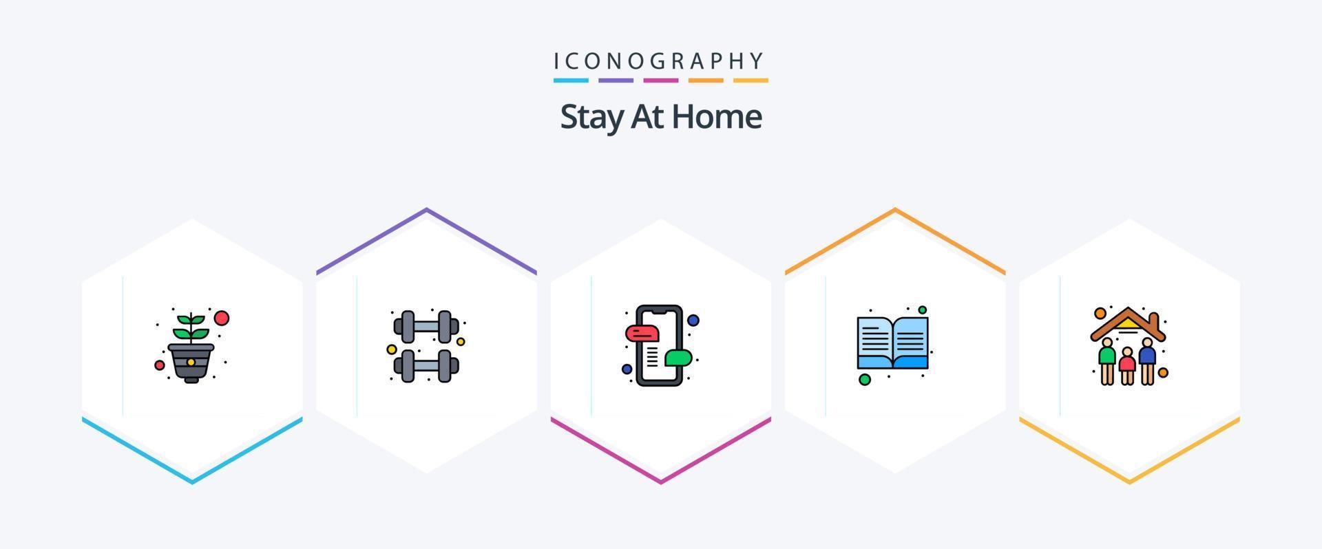 Stay At Home 25 FilledLine icon pack including quarantine. open book. messages. reading. book vector