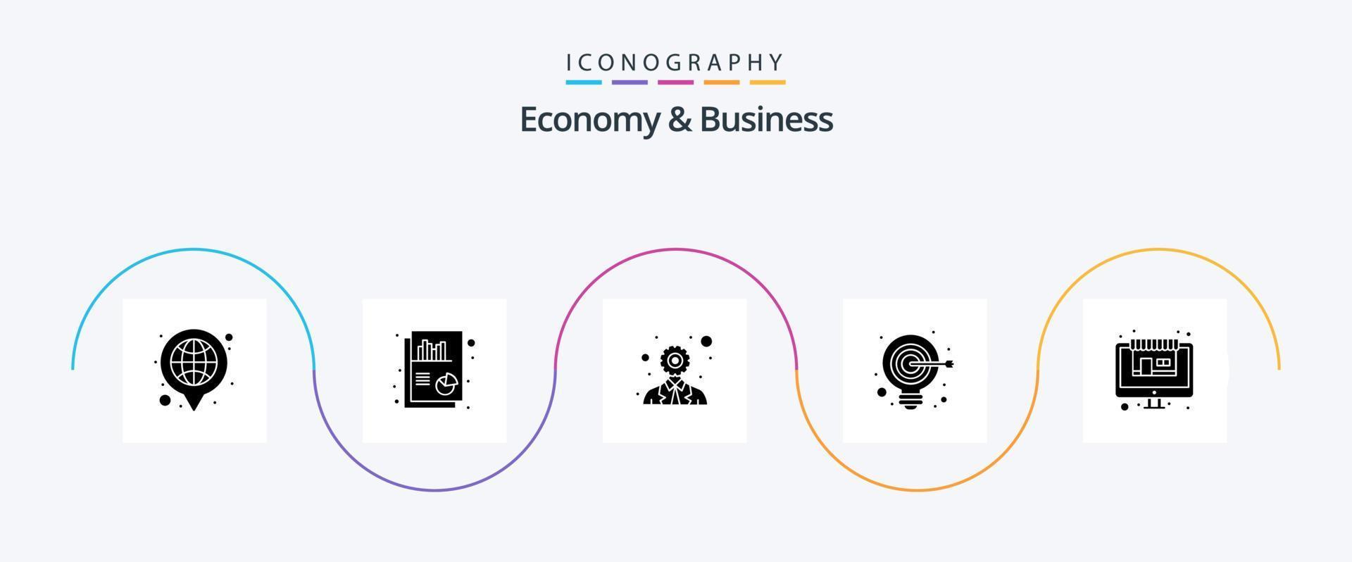 Economy And Business Glyph 5 Icon Pack Including online. goal. criteria. target. bulb vector