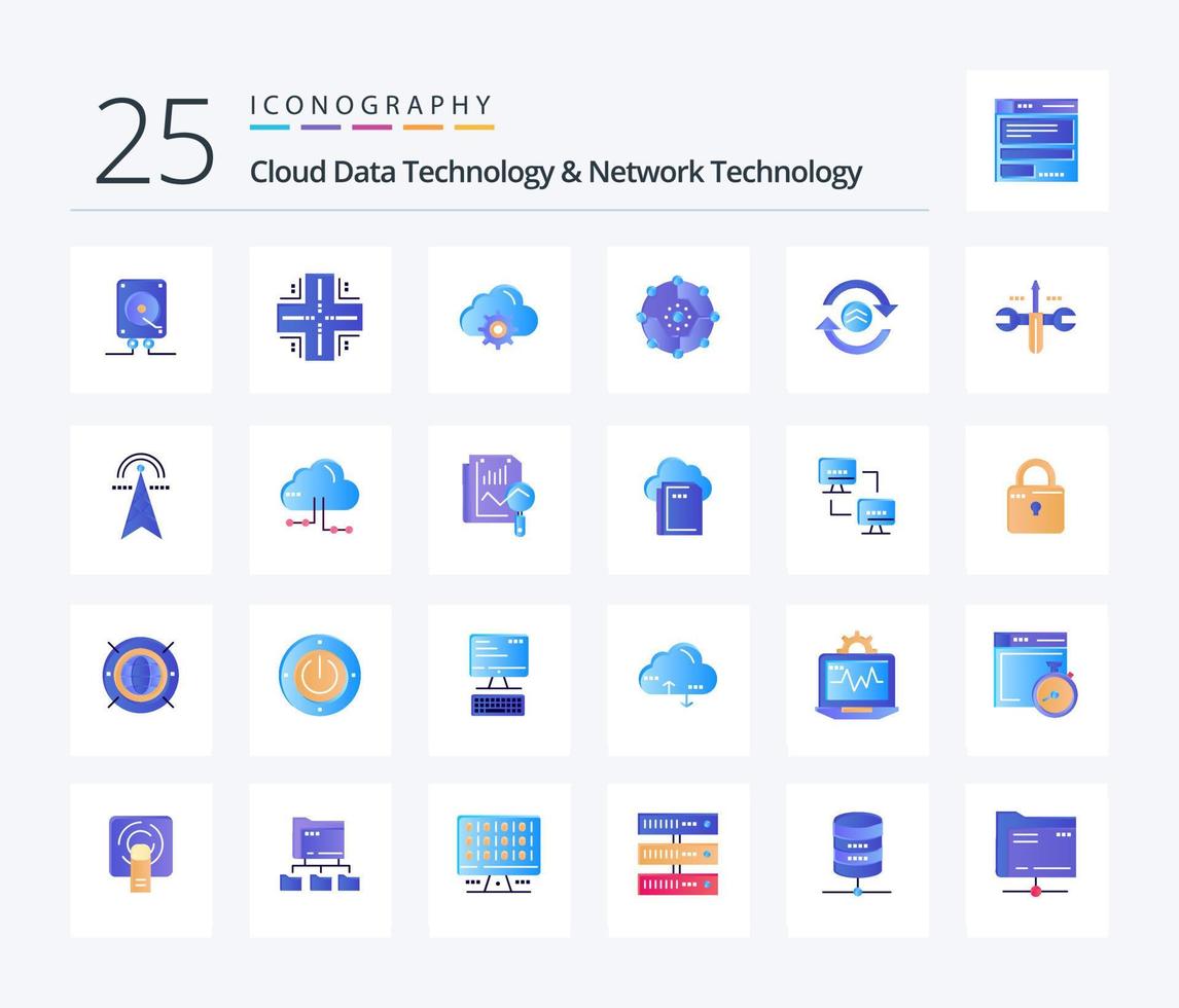 Cloud Data Technology And Network Technology 25 Flat Color icon pack including share. connectivity. server. computing share. computing vector