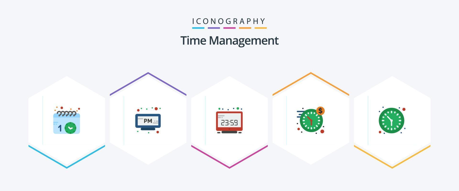 Time Management 25 Flat icon pack including clock. money. clock. dollar. display vector