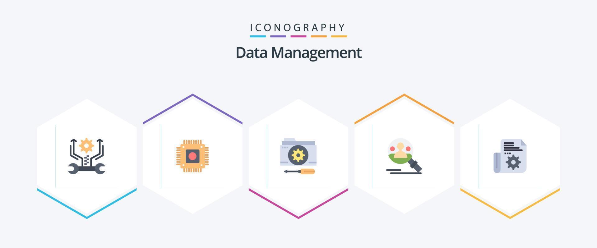 gestión de datos 25 paquete de iconos planos que incluye documento. buscar. configuración. perfil. herramientas vector