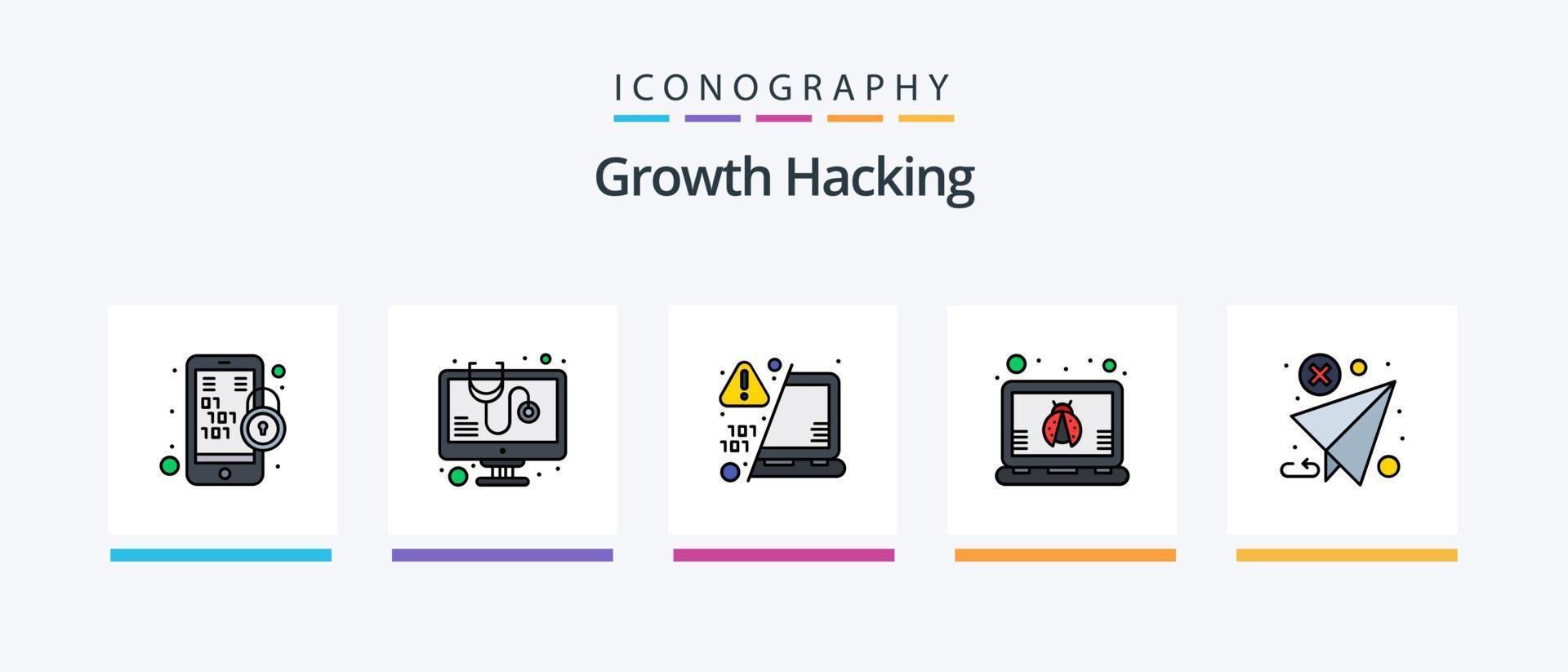 la línea de piratería llenó el paquete de 5 íconos que incluye el documento. virus. hacker infección. tierra. diseño de iconos creativos vector