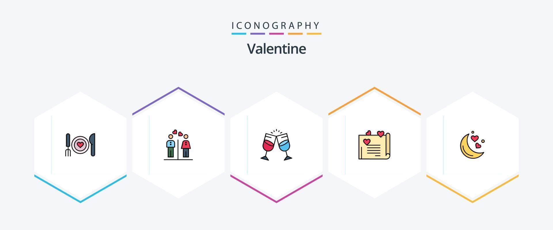 Valentine 25 FilledLine icon pack including couple proposal. love letter. boy. couple. juice vector