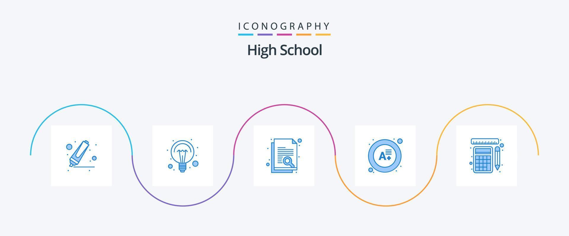 paquete de iconos azul 5 de escuela secundaria que incluye reglas. medición. documento. resultado. examen vector