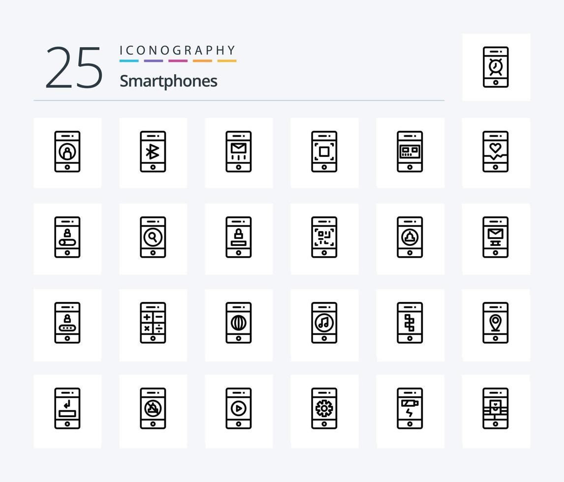 Smartphones 25 Line icon pack including technology. mobile. mobile. camera. mail vector