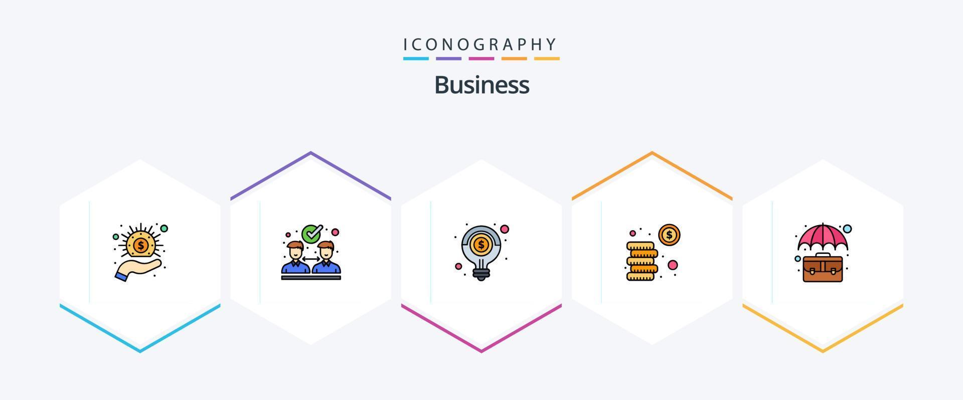 paquete de iconos de 25 líneas completas de negocios que incluye maletín. inversión. luz. dinero. dinero vector