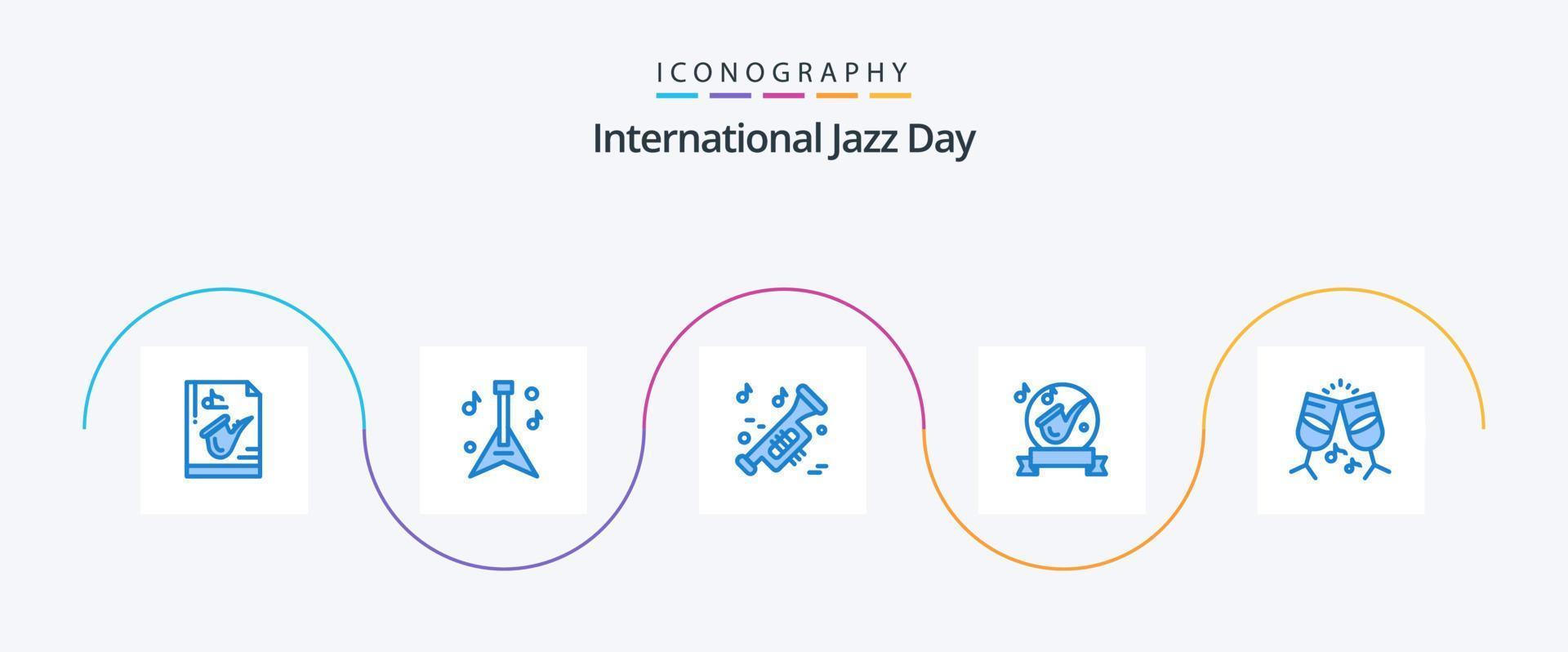 paquete de iconos azul 5 del día internacional del jazz que incluye vidrio. jugar. instrumento. música. cinta vector