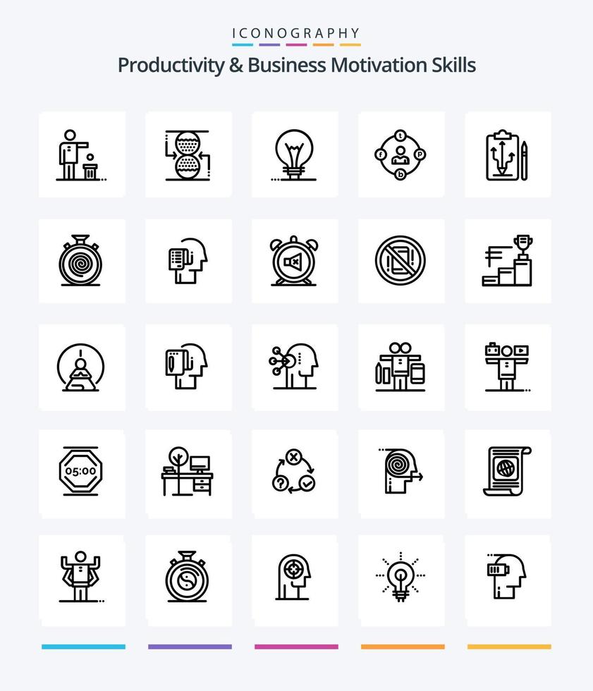 productividad creativa y habilidades de motivación empresarial 25 paquete de iconos de contorno como la procrastinación. distracciones reloj de arena. comunicación. bombilla vector