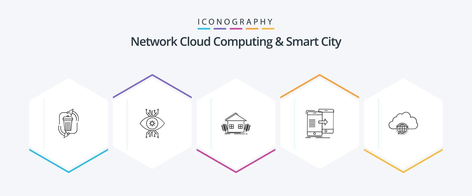 Network Cloud Computing And Smart City 25 Line icon pack including sharing. farming. surveillance. environment. urban vector