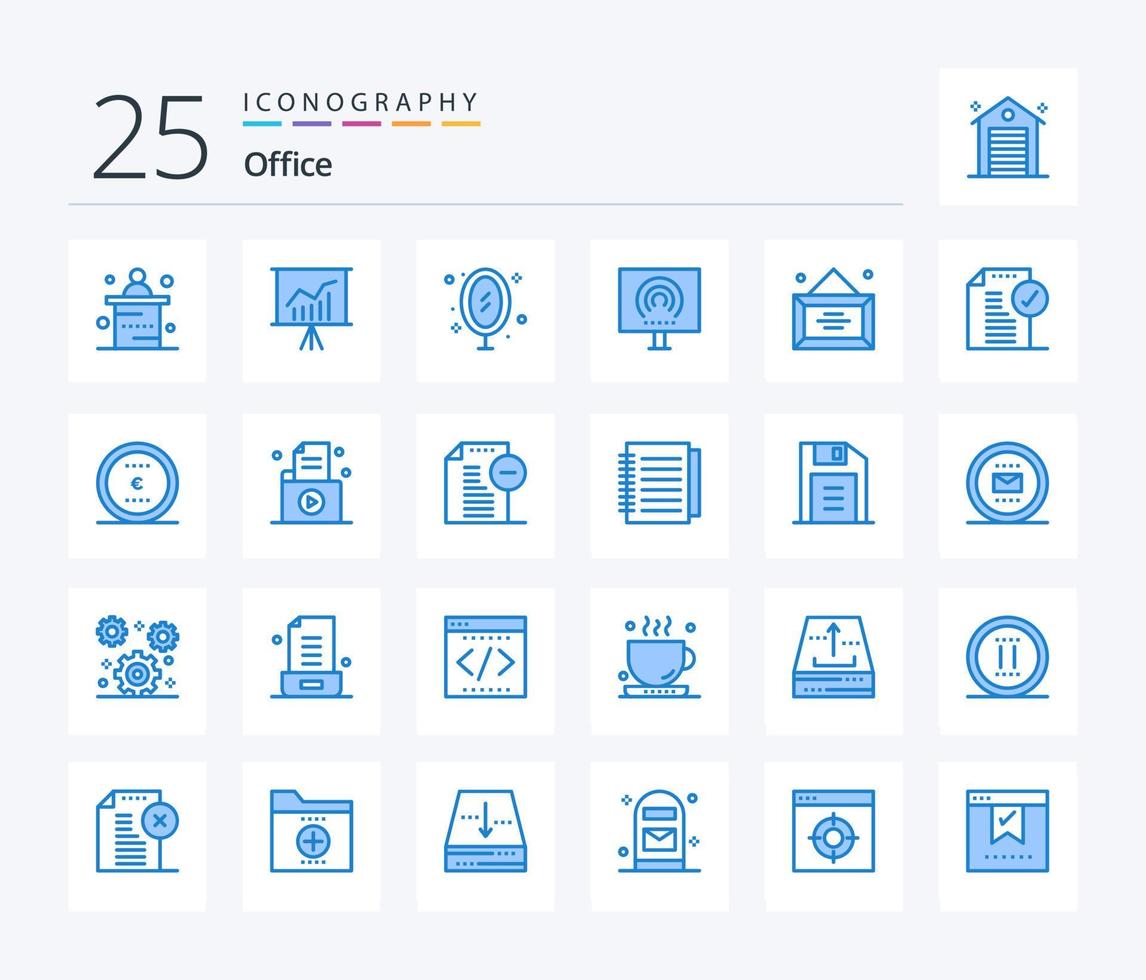paquete de iconos de color azul de Office 25 que incluye transmisión. radio. muebles. oficina. reflexión vector