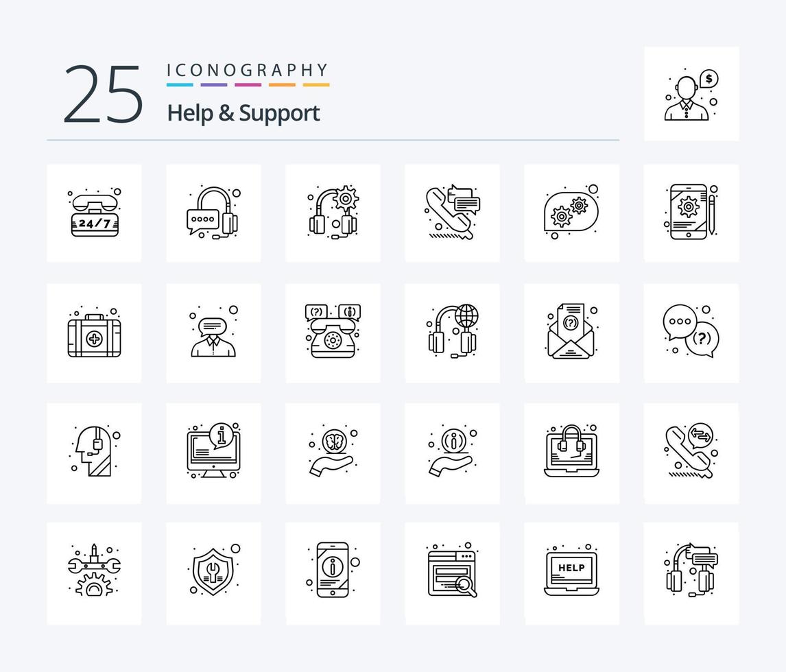 Help And Support 25 Line icon pack including app. technical help. headphones. gear. support vector