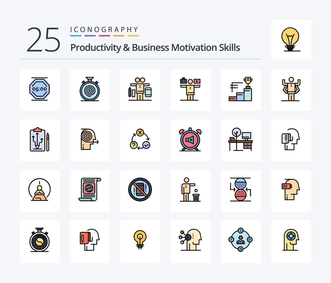 Productivity And Business Motivation Skills 25 Line Filled icon pack including trophy cup. prize. nonstop. achievements. play vector