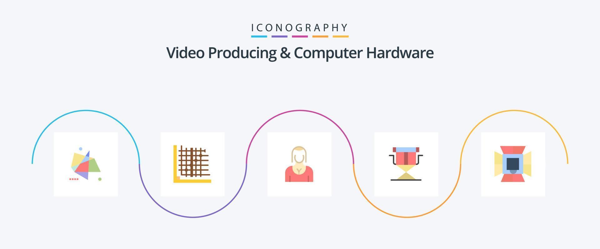 producción de video y paquete de íconos planos de hardware de computadora 5 que incluye directores. silla. forma. dama. personaje vector