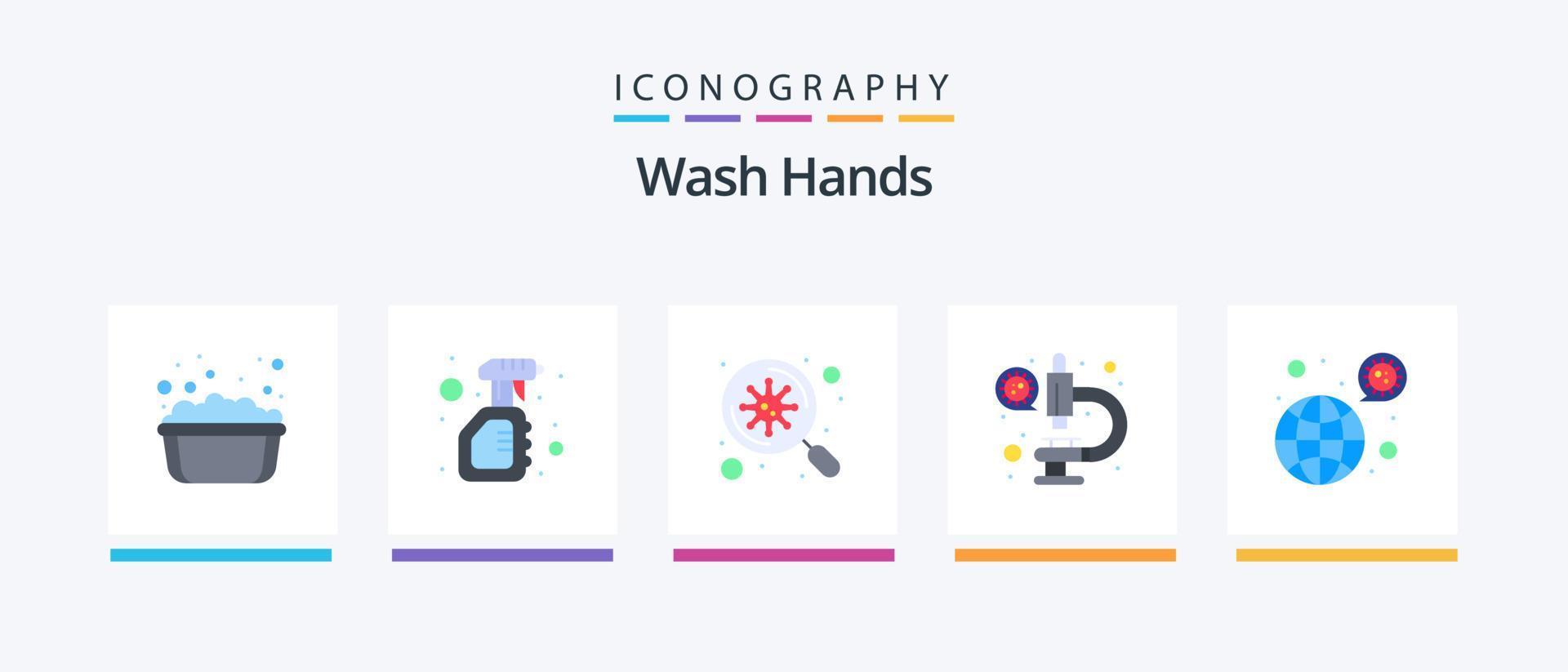 Wash Hands Flat 5 Icon Pack Including worldwide. microscope. virus. laboratory. scan. Creative Icons Design vector